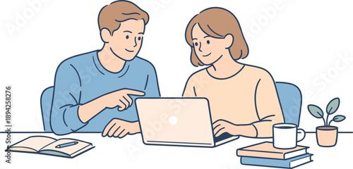  environment, two professionals sitting at a shared desk and collaborating calmly