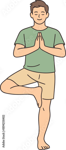  Man practicing daily yoga, single person standing in a simple yoga pose with relaxed posture and calm focused