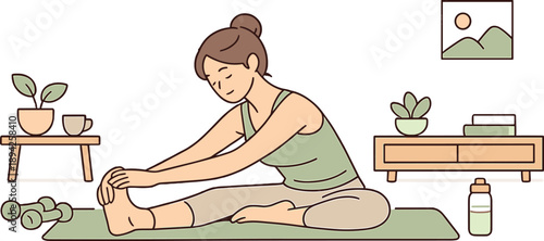 Woman doing home workout, single person exercising calmly in a simple living space with relaxed posture and