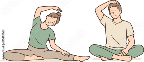 People maintaining physical health through gentle daily movement, two individuals stretching calmly side by side