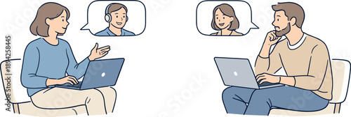  Colleagues in a virtual meeting discussion, two professionals sitting apart with laptops and relaxed posture,