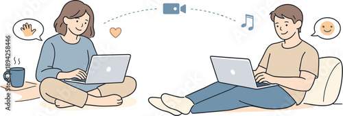  Friends video calling remotely, two people sitting apart with laptops and smiling at screens with relaxed