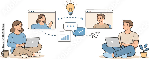 Team collaborating in an online workspace, two professionals sitting apart with laptops and relaxed posture