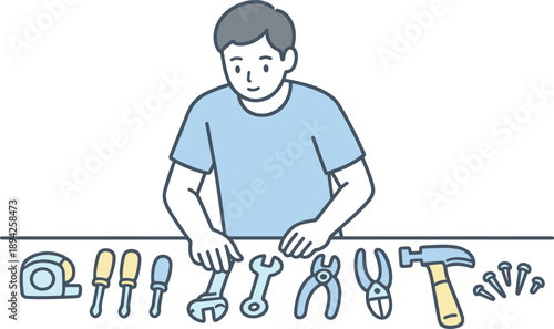 Man stands at a workbench placing tools into a tidy arrangement carefully Minimalist flat line vector illustration, uniform thin