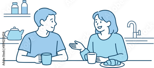 Two friends sit side by side at a kitchen table sharing relaxed conversation Minimalist flat line vector illustration, uniform