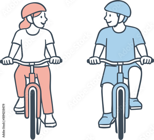 Minimalist Biking Duo. Couple rides bicycles slowly while sharing soft conversation and calm presence Minimalist flat line vector