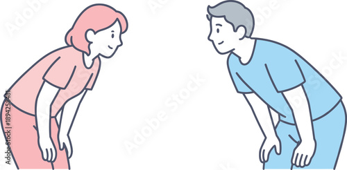 Parents lean slightly forward observing play happening just ahead calmly Minimalist flat line vector illustration, uniform thin