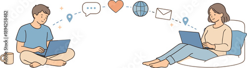 People connecting through the internet together, two individuals sitting separately with laptops and relaxed