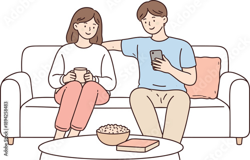 Chill Sofa Moment. Two friends sit on a sofa enjoying a shared moment without conversation Minimalist flat line vector