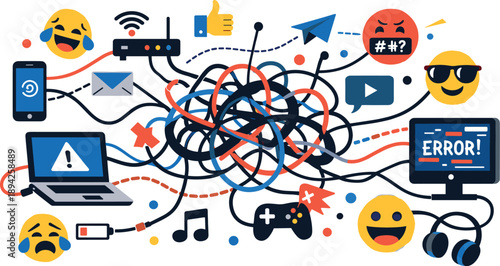Visual metaphor of digital noise featuring tangled wires, floating emojis, and abstract connections between devices, surreal