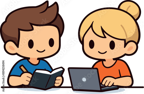 Stylized cartoon character illustration of teamwork in office collaboration, clean commercial style, intentionally distorted