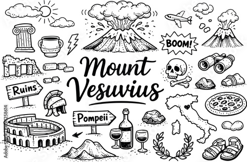 Iconic Mount Vesuvius summit hand drawn doodle elements set, center hand-lettered title, black & white vector line art, bold