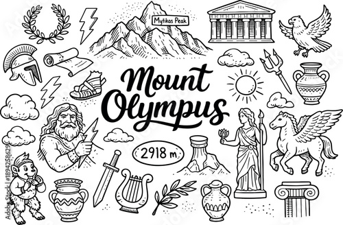Mount Olympus Doodle. Iconic Mount Olympus summit hand drawn doodle elements set, center hand-lettered title, black & white vector