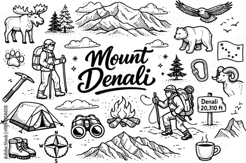Iconic Mount Denali summit hand drawn doodle elements set, center hand-lettered title, black & white vector line art, bold clean