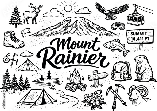 Iconic Mount Rainier summit hand drawn doodle elements set, center hand-lettered title, black & white vector line art, bold clean