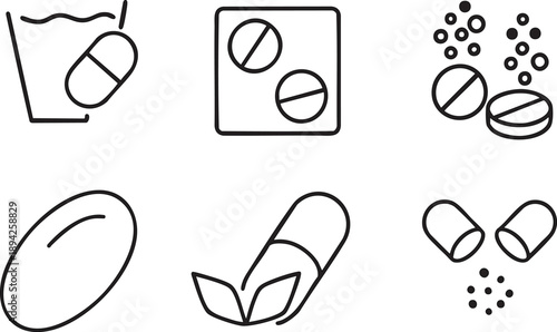 Collection of simple line icons representing pills and capsules medical symbols for healthcare and pharmacy flat design elements on white background