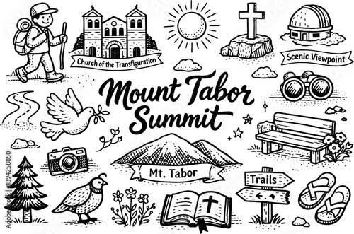 Iconic Mount Tabor summit hand drawn doodle elements set, center hand-lettered title, black & white vector line art, bold clean