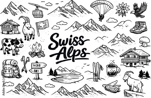 Iconic Swiss Alps mountain range hand drawn doodle elements set, center hand-lettered title, black & white vector line art, bold