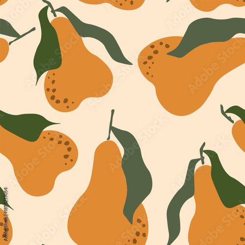 Seamless pattern with pear on color background. Natural delicious fresh ripe tasty fruit. Sweet pears with leaves. Food concept. Vector illustration for print, fabric, textile.
