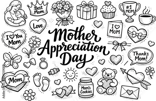 Wallpaper Mural Mother's Day Doodle. Mother appreciation day hand drawn doodle elements set, center hand-lettered title, black & white vector line Torontodigital.ca