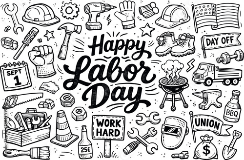 Labor Day working class celebration hand drawn doodle elements set, center hand-lettered title, black & white vector line art,