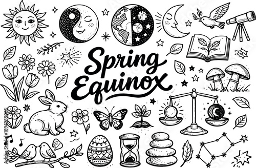 Astronomical spring equinox hand drawn doodle elements set, center hand-lettered title, black & white vector line art, bold clean