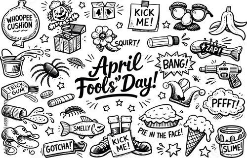 Whimsical April Fools’ Day prank vibe hand drawn doodle elements set, center hand-lettered title, black & white vector line art,