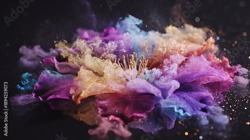 Colorful powder explosion forming a beautiful flower shape with purple, blue, and gold dust clouds on a black background.
