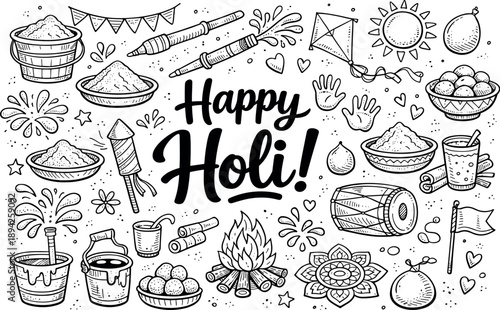 Wallpaper Mural Joyful Holi festival celebration hand drawn doodle elements set, center hand-lettered title, black & white vector line art, bold Torontodigital.ca