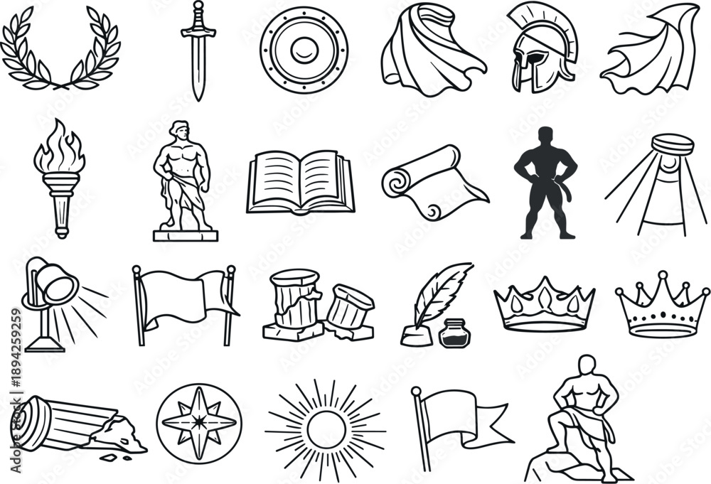 Fototapeta premium Line style icons of myth-based hero: laurel wreath, sword, shield, flowing cape, helmet, torch, classical statue, book, scroll,