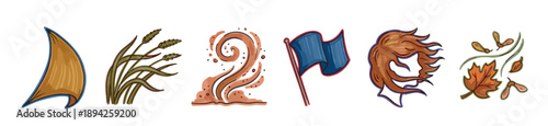 Collection of six hand-drawn illustrations showing the effects of wind, including a billowing sail, swaying grass, a swirling gust, a waving flag, blowing hair, and autumn leaves
