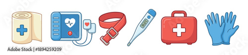 Set of cartoon medical equipment icons including a bandage roll, blood pressure monitor, tourniquet, digital thermometer, first aid kit, and protective gloves for healthcare