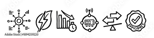 Hand-drawn black and white icon set illustrating concepts of efficiency, optimization, green energy, time management, and quality assurance with a sketchy line art style