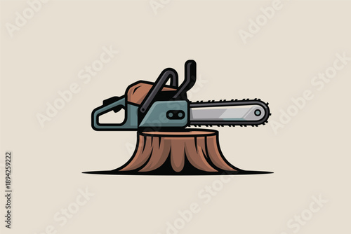Chainsaw Resting on a Tree Stump, logging industry concept