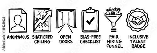 Six black and white sketch icons representing diversity and equity principles like bias-free checklists, inclusive talent, and shattering the glass ceiling for career growth