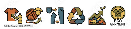 Pixel art icon collection for sustainable fashion, illustrating the circular economy with recycled plastic, wool, upcycled denim, and an eco garment logo concept