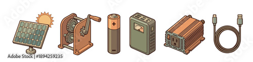 Set of alternative energy source icons including a solar panel, hand-crank generator, battery, power bank, inverter, and USB cable in a retro illustrated comic book style