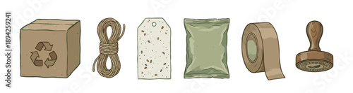 Set of eco-friendly packaging supply illustrations with a cardboard box, twine, recycled paper tag, pouch, tape, and stamp for sustainable shipping concepts