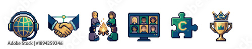 Set of pixel art business icons representing teamwork, global communication, and success, with a handshake, video call, and trophy rendered in a retro 8-bit video game style