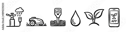Set of hand-drawn smart gardening icons showing a sprinkler, robotic lawnmower, pH meter, water drop, sprout, and smartphone app for modern agriculture technology concepts