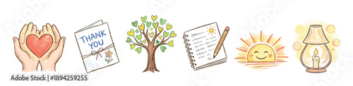 Set of hand-drawn gratitude icons featuring a heart in hands, thank you card, love tree, journal, smiling sun, and lantern, rendered in a warm watercolor sketch style