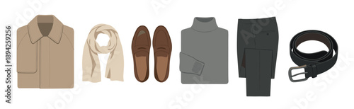 Men's classic autumn clothing outfit collection with a beige coat, grey turtleneck sweater, trousers, brown loafers, scarf, and belt in a stylish vector illustration