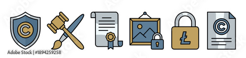 Set of intellectual property icons representing copyright law, digital rights, and asset protection, including a shield, gavel, certificate, and padlock symbols in a flat line art style