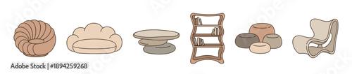 Set of modern minimalist furniture illustrations including an armchair, sofa, bookshelf, poufs, and table in a soft beige and brown color palette with a simple outline style