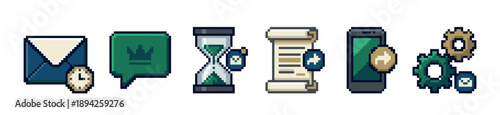 Pixel art video game user interface icons in a retro 8-bit style, featuring a timed message, royal chat, hourglass, quest scroll, mobile phone, and settings gears