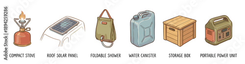 Set of six hand-drawn camping equipment illustrations featuring a compact stove, solar panel, portable shower, water canister, storage box, and power unit for van life adventures