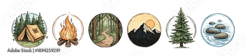 Set of six hand-drawn camping illustrations featuring a tent, campfire, forest path, mountain, pine tree, and river stones in a vintage watercolor style for adventure themes