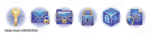 Collection of six data security icons featuring a digital key, locked envelope, chained folder, binary code padlock, secure cube, and a shielded document for cybersecurity concepts