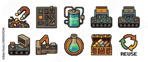 Pixel art icons collection showing industrial manufacturing, recycling processes, a treasure chest, and scientific equipment in a retro 8-bit video game aesthetic