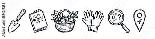 Hand-drawn set of urban gardening icons including a trowel, plant book, vegetable basket, gloves, magnifying glass, and location pin in a simple black and white sketch style